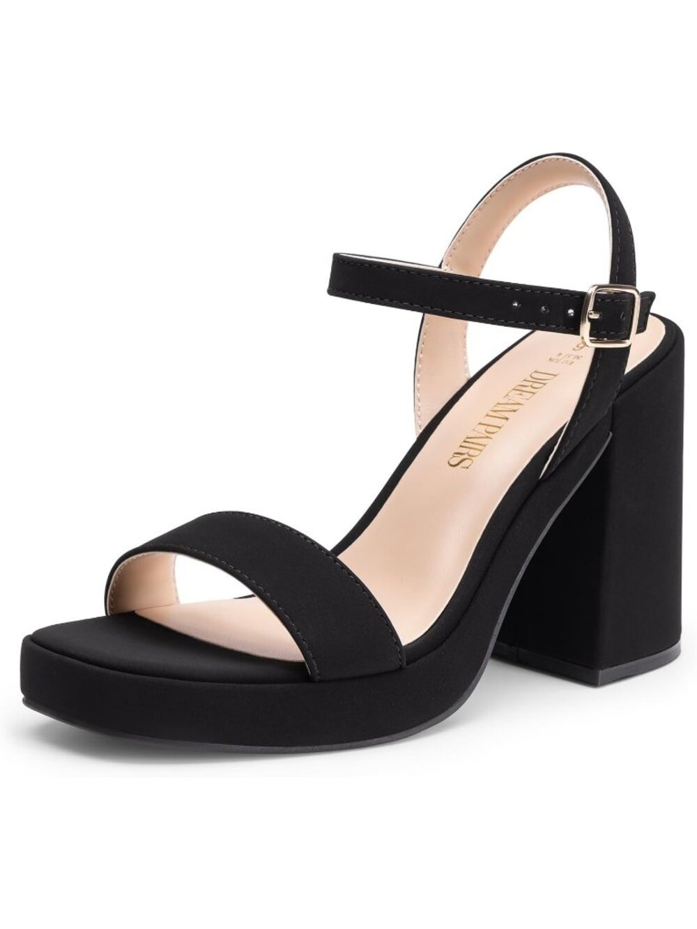 Womens Black Nubuck Faux Leather Chunky Block Heel Comfortable Sandal Party Heel